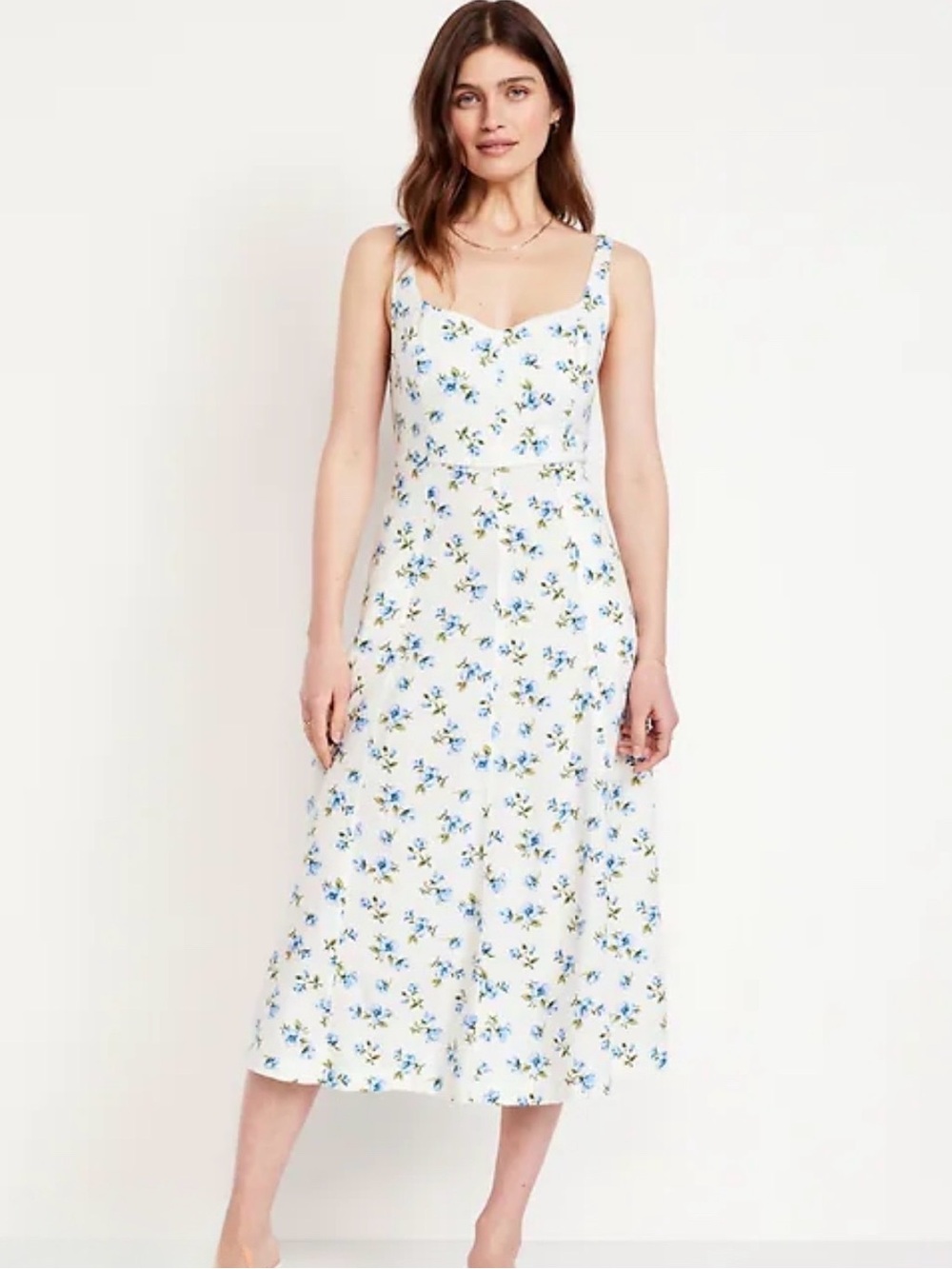 NWT White Linen Blend Midi Dress with Blue and Green Floral Print